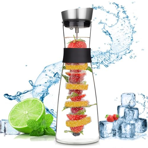 ZHHGOO Jarra de Agua de Vidrio,1.2 Litros Botella de Cristal y Tapa de Inoxidable,Brocheta de Fruta con Tapón Extraíble para Jugo Caliente Frío,Té,Leche y Café
