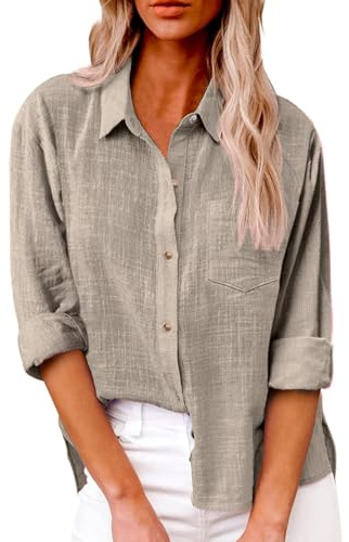 SHEKINI Camicia Lino Donna Elegante Maniche Lunghe Cotone Blusa Maglietta Scollo a V Top Camicette Abbigliamento Donna Ufficio Casual