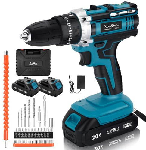 Funnyway 20V Cordless Drill Driver Set, Electric Screwdrivers with 2 Batteries 2000mAh, 50NM 25+3 Torque Setting, 2 Speed Combi Drills, 29PCS Power Drills Cordless Kit for Home DIY (Blue)