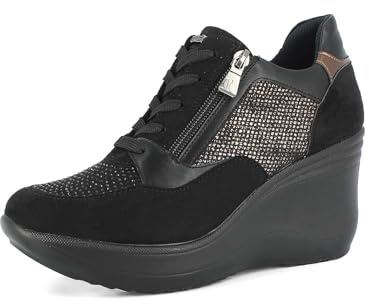 inblu Sneaker Donna con Lacci e Cerniera, Tacco 8cm, Scarpe da Ginnastica, Nero, 36 EU