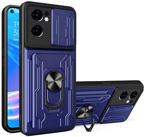 ILING Billetera Funda para OPPO Find X5 Lite 5G, Ultradelgado Mate Dura PC Carcasa Antigolpes Silicona Cubierta con Tarjetero, Anillo Soporte, Tapa Cámara Deslizante (Azul)