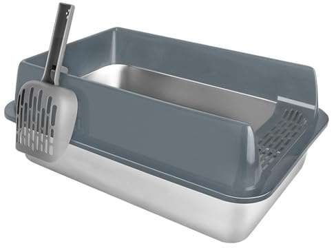 Bac à Litière pour Chat XXL en Acier Inoxydable,Semi Ouverte,Anti-éclaboussure,Pelle de Nettoyage Inclus,Lapin,Hamster Chinchilla,Animal Toilette,Lisse antiadhésive (Gris-50 * 35 * 24cm)