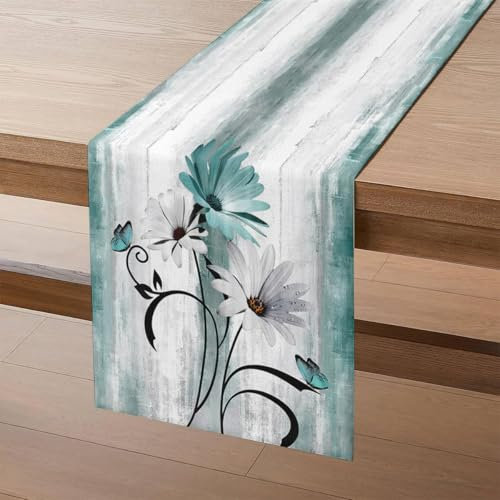 AwzyGous Tischläufer Blumen in Türkisblau und Blaugrün, Moderne Tischläufer 140x40 cm Weiße Gänseblümchen Schwarze Blätter Schmetterling Sommer Küche Tisch Dekoration für Drinnen Urlaub Party Dekor