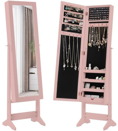 COSTWAY Armoire à Bijoux sur Pied avec Miroir Psyché Coffre à Bijoux, Armoire de Rangement Cosmétiques, 3 Positions Réglables, Installation Facile, Style Nordique (Rose)