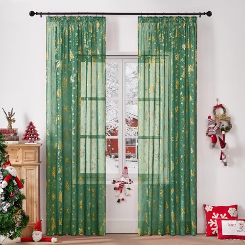 KGORGE Julgardiner levande rum gröna julgardiner 240 cm långa vardagsrum gardiner jul gardin transparent knytband jul gardiner genomskinliga, set om 2 stycken H 240 x B 140 cm