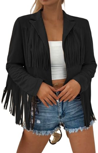 Gefomuofe Giacca in Pelle da Donna con Frange, Quaste, Giacca Tradizionale da Cowgirl Western, Manica Lunga, Cardigan, Giacca da Motociclista, Giacca per Mezze Stagioni, Giacca da Transizione, Giacca