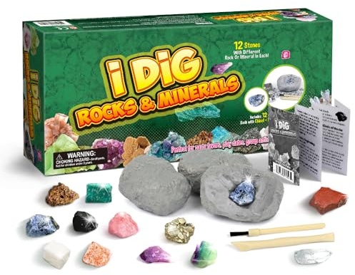 Dr.Daz Kit de Fouille de Roches et Minéraux pour Enfants, 12 Pierres Précieuses et Cristaux Set d'Excavation, Jouet Scientifique Géologie STEM, Cadeau Anniversaire pour Garçons et Filles dès 6 Ans