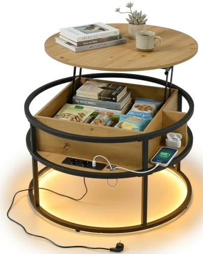 Ginhow Tavolino Salotto Rotondo 80cm con Prese e USB, Tavolino Rialzabile con Luci LED e Cassetto, Tavolo da Salotto Trasformabile per Soggiorno Camera Ufficio