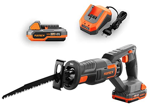 Sierra de sable a batería 20V FUXTEC FX-E1SS20 – con batería de 2.0 Ah y cargador de 1A – incl. 1 cuchilla, carrera de corte 220mm – sin cable - velocidad máxima 3.000rpm