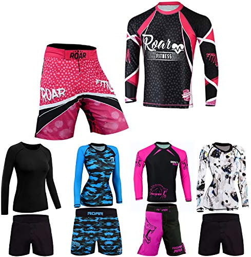 ROAR No Gi Full Set Ladies Sports Bra BJJ Leggings MMA Shorts & Grappling Rash Guard Female Fight Wear (Only For Ladies) (PF-Pink-2Pcs-Set, Medium)