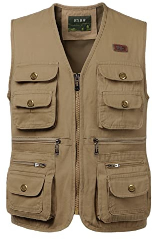 KTWOLEN Herren Angelweste Safari Weste Outdoor Jagdweste Fotografie Arbeitsweste Hundesport Weste mit Multi Taschen, Khaki, 4XL