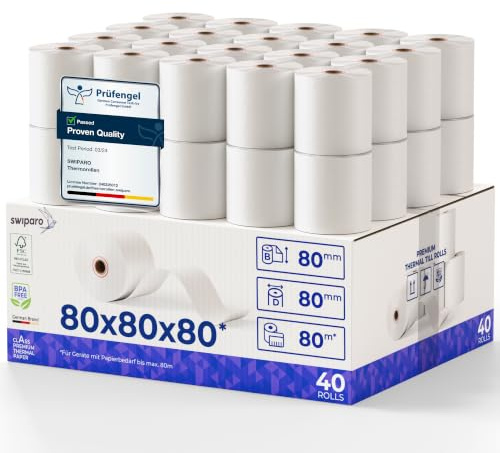 SWIPARO® - Rollos Papel Termico 80x80 para Impresora de Tickets - Para caja registradora con impresora de recibos - Papel impresora Termica 80x80x12 - Rollo Papel térmico 80mm x 80mm x 80m - [40x]