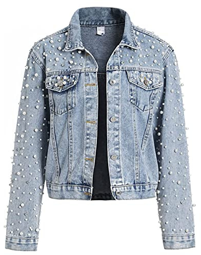 LifeShe Women's Pearls Denim Jacket Cropped Rhinestones Jean Jacket Coat