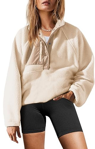 Yanekop Womens Fuzzy Fleece Pullover Sherpa Sweatshirt Long Sleeve Button Down Sweater Winter Fleece Jacket with Pockets(Beige,L)