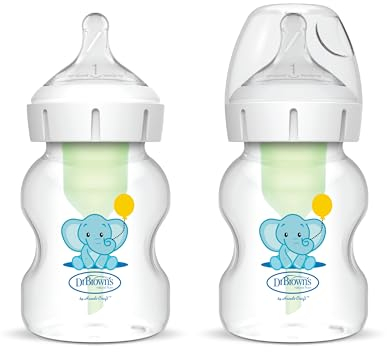 Dr Brown's Natural Flow® Anti-Colic Options+™ Wide-Neck Baby Bottle, 5oz/150ml, with Level 1 Teats, 2-Pack, Elephant