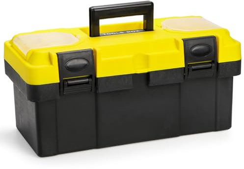 Cididu 16 Inch Plastic Tool Box with Handle, Portable Toolbox with Removable Tray and Lockable Design, Heavy Duty Toolbox Organizer with Small Parts Box for Household Workshops Garages, Black Yellow