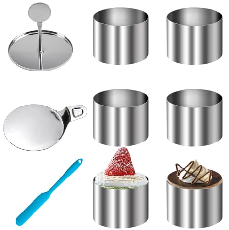 HEKOBAG 6 Pezzi Coppapasta Tondo Acciaio Inossidabile Anelli per Torte 7.5cm Anelli in Acciaio per Pasticceria Cerchio per Dolci con Coperchio Pressa e Base per Mousse/Onigiri/Biscotti, 7.5x5.5cm