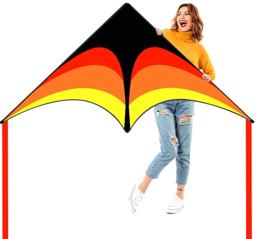 Flying Hoofer Cerf-Volant Noir et Jaune Delta pour Enfants et Adultes, 60 x 30 Pouces, Facile à Voler, cerf-Volant de vol à Une Seule Ligne, pour et Les débutants, avec Ligne de 300 Pieds et poignée.
