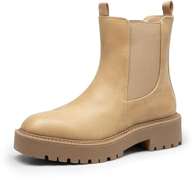 DREAM PAIRS Stivali Chelsea da Donna con Punta Quadrata Moda Tacco Basso Suola Spessa Stivaletti Autunnali,Size 37,Nude-Nabuk,SDAB2412W