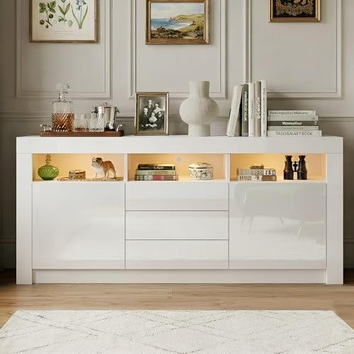Komtopod 160cm Sideboard for Living Room Cupboard Cabinet High Gloss Highboard with 2 Doors 3 Drawers and LED Lighting TV Stand Unit Furniture Home Units White