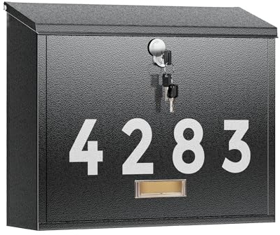 LAND·VOI Locking Wall-Mount Mailbox for Outside, with 4 Keys, Galvanized Steel Rustproof Metal Postbox, 4 Dx13.8 Wx11.2 H, Includes 3 Sets of Mailbox Numbers, Nameplate, Black, AMB33B