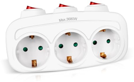 EXTRASTAR 3 en 1 Adaptador con 3 Interruptor y 3 Enchufes Schuko, Adaptador de Regleta, hasta Carge 3680W, 16A/250V~, Blanco, 1Pc