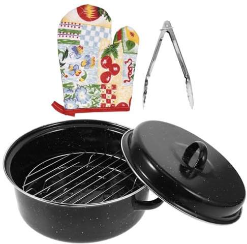 Cabilock 26cm Roasting Pan Lid and Gloves Enamel Cooking Pot Multi-Function Turkey Cooker Household Roaster for Kitchen and BBQ