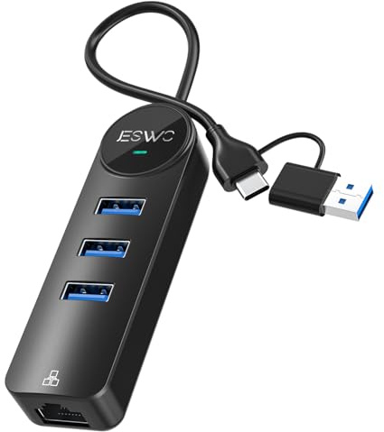 JESWO USB A/C to Ethernet Adapter, 4-in-2 USB C Hub with 1000Mbps Gigabit Ethernet +3 USB 3.0 Ports, RJ45 LAN Network Adapter for Mac OS, Chrome OS, iPad OS, Windows, etc