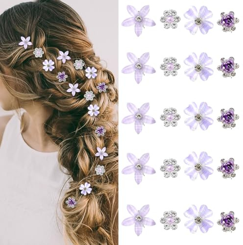 20 mini horquillas con flores, horquillas con diamantes de imitación, accesorios para el cabello para mujeres y niñas, ideales para uso diario, fiestas y bodas (morado)