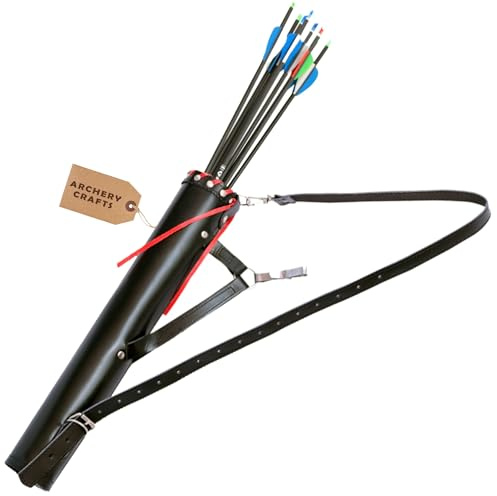 Black Leather Quiver – Traditional Cowhide Archery Arrow Holder with Adjustable Shoulder & Waist Strap – Back, Hip, or Side Carry – Hunting & Target Shooting Gear