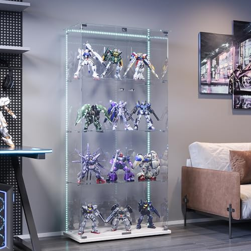 BPKADHY Glasvitrine Standvitrine mit LED Beleuchtung, Glasvitrine Stehend mit 4 Glasböden & 2 Glastüren abschließbar, Vitrinenschrank für Wohnzimmer Büro Sammlerstücke Bücher Wein Weiß