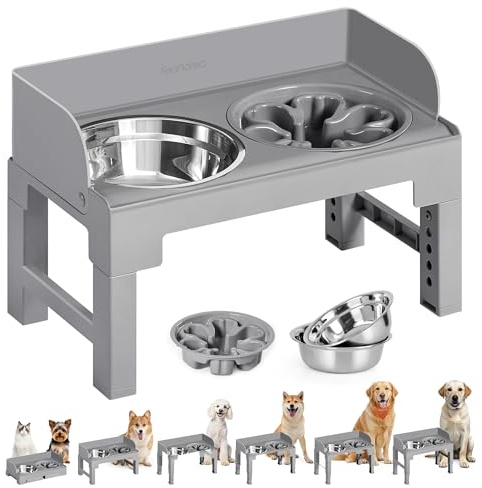 Feandrea Comedero Elevado para Perros con Soporte, 1 Comedero Lento y 2 Comederos de Acero Inoxidable 304, Altura Ajustable y Diseño Inclinado, Gris Paloma PRB103GD01