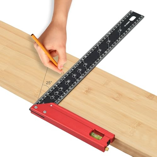 40cm Anschlagwinkel Zimmermannswinkel, Verstärktes Aluminium Holzwerkzeuge L-Form Vielseitiger 45°/90° Winkelmesser zum Anreißen, Zeichnen und Präzisionsmessen- Inklusive Wasserwaage und Anreißnadel