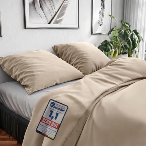 Wolkenfeld Bettwäsche 200x220 Baumwolle – Set mit 2X Kissenbezug 80x80 – Atmungsaktiv, Hautfreundlich & Pflegeleicht – Ganzjahres-Bettwäsche mit Reißverschluss, Oeko-TEX – Beige