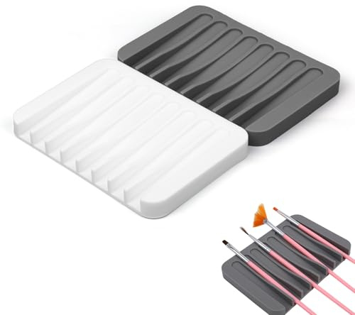 Penitue 2pcs Paint Brush Holder, Silicone Washable Paintbrush Organizer Stand with 8 Slots Brush Rinse Cleaner for Oil Acrylic Watercolor Painting (Gray, White)