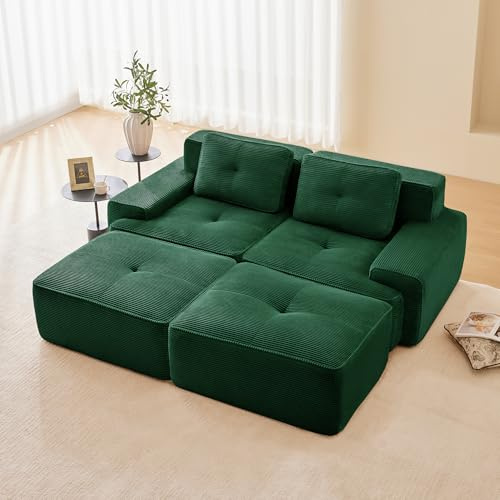 Bladez Sofá cama modular de pana con taburete otomano, sofá cama con apoyo de confort y asiento bajo, sin montaje, espuma 32D de alta elasticidad sin boneless (verde, 2 plazas+2)