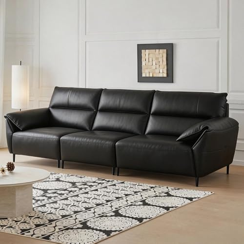Italiensk modern minimalistisk svart lädersoffa, massiv träram, rymlig och mjuk soffa, modern stor storlek, lämplig för vardagsrum/kontor/lägenhet/hotell.