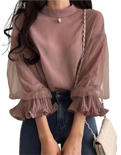 Volangblus för kvinnor, elegant blus för kvinnor, chic volangtopp, 3/4-ärm, ståkrage, lös tunika, höst, för fest, rosa, 3XL