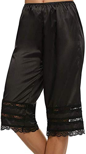 TUSFTAY Women's Lace Trim Culotte Slip Snip-it Pettipants Bottom Split Skirt Bloomers Lingerie Satin Pant Slip (Black, Large)