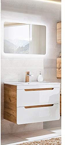 Lomadox Badmöbel Waschplatz Set Hochglanz weiß, Wotan Eiche Nb. mit 80 cm Waschtisch-Unterschrank mit Keramik-Waschbecken & LED-Spiegel