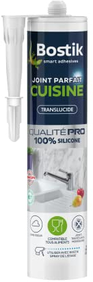 Bostik Mastic d’Étanchéité Joint Parfait Cuisine – Jointe Tous Matériaux – Sans Odeur – Traité Anti-Moisissures – Certifié Contact Alimentaire - Formule 100% Silicone – Couleur : Transparent – 280 ml