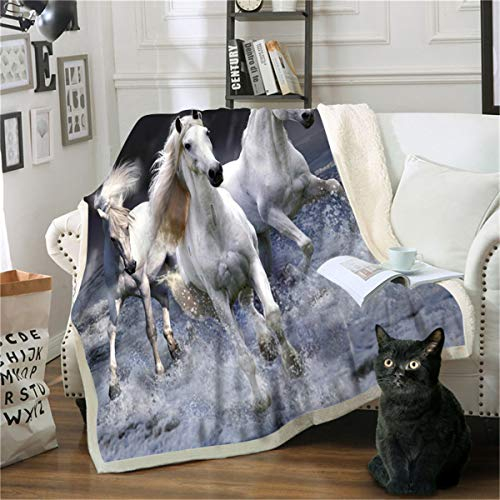 Oduo Kuscheldecke Mikrofaser Sherpa Fleecedecke Super Weich Dicke Wohnzimmerdecke Tagesdecke Sofadecke Decke für Couch und Bett TV-Decke Reise Camping (weißes Pferd,150x200cm)