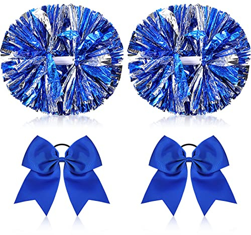Canlierr 4 Pcs Cheerleading Pom Poms with Baton Handle and Cheerleader Hair Bows, 14 Inch Metallic Cheer Supplies for School Team Spirit Sports Dance Cheering(Blue)