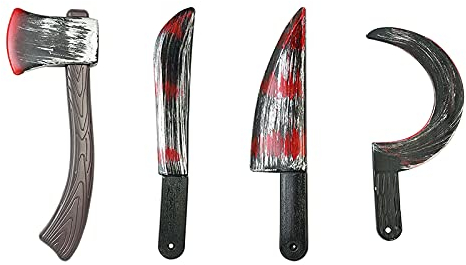 Zunedhys 4Pc Plastic Bloody Props Weapon Knife Ax Cleaver Sickle Role-Playing Horror Toy DIY