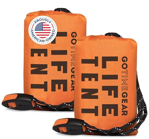 Go Time Gear Tienda de campaña de emergencia para 2 personas, color naranja, refugio impermeable ligero para acampar y senderismo, incluye silbato de 120 dB y cuerda de paracaídas, kit de