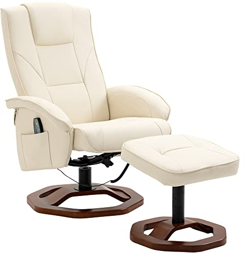 HOMCOM Massagesessel Relaxsessel mit Fußhocker Relaxliege Liegefunktion Fernsehsessel mit Massagefunktion 360° drehbar Liegesessel Stahl Kunstleder Cremeweiß+Braun 73 x 83 x 106 cm