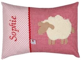 Glückspilz Namenskissen personalisiert, Babykissen mit Namen Bestickt, Schaf, Rot, 25 x 35 cm