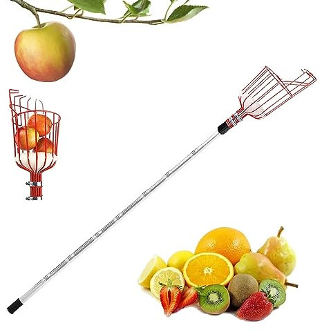 Cueille-fruits, tige télescopique, multi-usage, en acier inoxydable, longue tige de cueillette de fruits pour vergers, cueille-pommes, cueille-cerises avec sac en coton (plastique, 2,8 m)