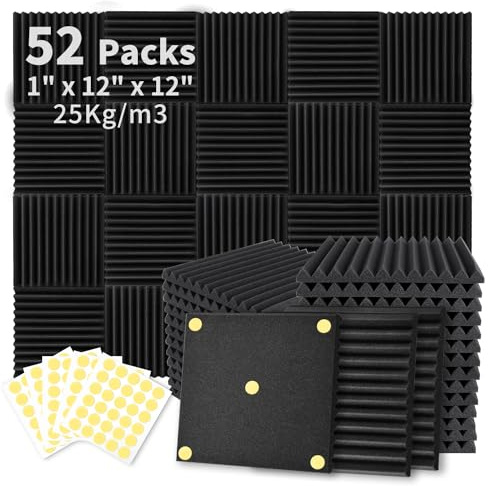 Focusound 52 Pack Acoustic Foam Panels 1 x 12 x 12 Sound Proof Foam Panles Soundproofing Noise Cancelling Wedge Panels for Home Office Recoding Studio with 300PCS Double-Side Adhesive