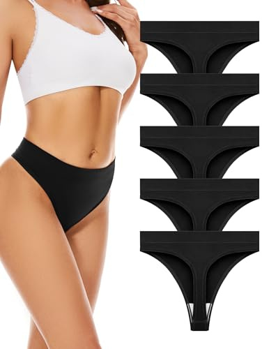 VOENXE Seamless Underwear Thongs for Women,High Waisted No Vpl Knickers,High Rise No Show Ladies Workout Brazilian Tanga,Breathable Gym Sports Panties Multipack,Comfortable Soft Stretchy Undies,5-Pack